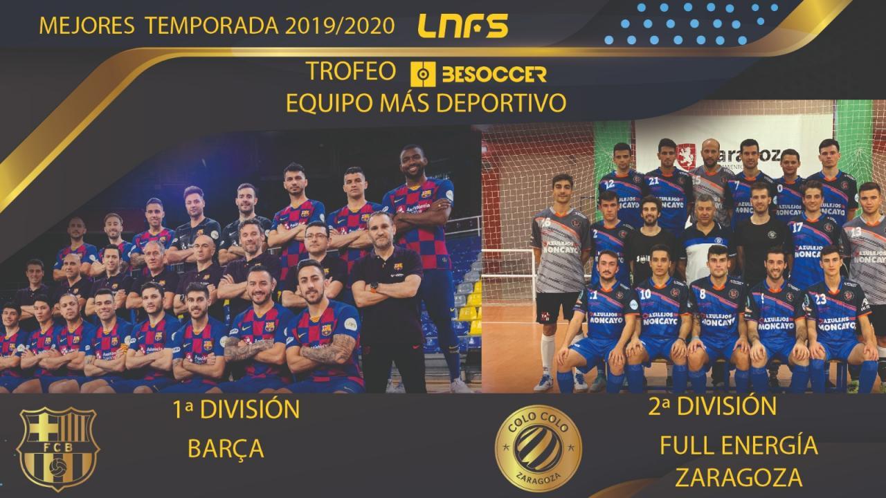 Barça y Full Energía Zaragoza,, Trofeo BeSoccer al Equipo más Deportivo en la Temporada 2019/20 en Primera y Segunda División