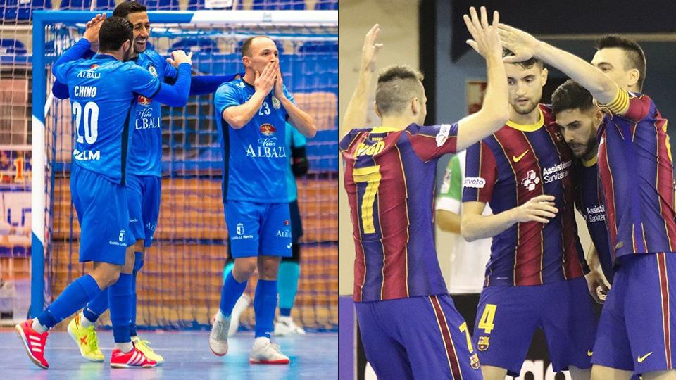 Los jugadores del Viña Albali Valdepeñas y Barça celebran un gol.