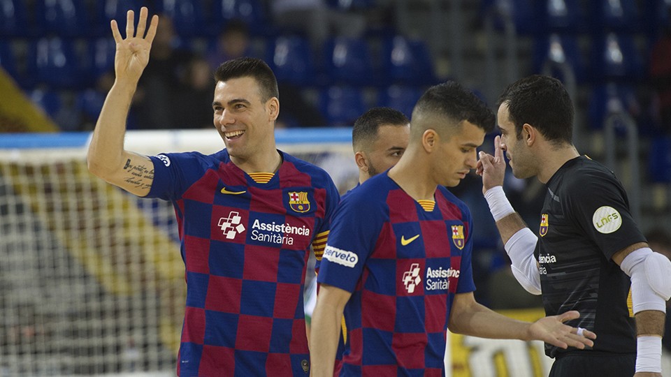 Sergio Lozano, jugador del Barça, celebra un tanto.