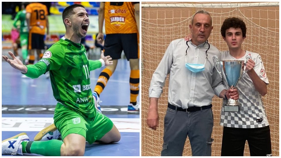 A la izquierda, Quique Hernando celebrando un gol con BeSoccer CD UMA Antequera, y a la derecha, Luis Moreno y Pablo Moreno posando con un trofeo logrado en categorías formativas