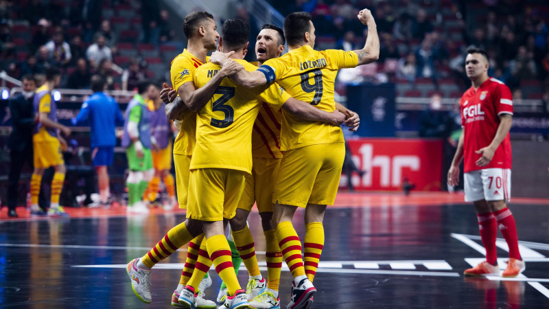 Los jugadores del Barça celebran un tanto en las Semifinales de Champions contra el SL Benfica