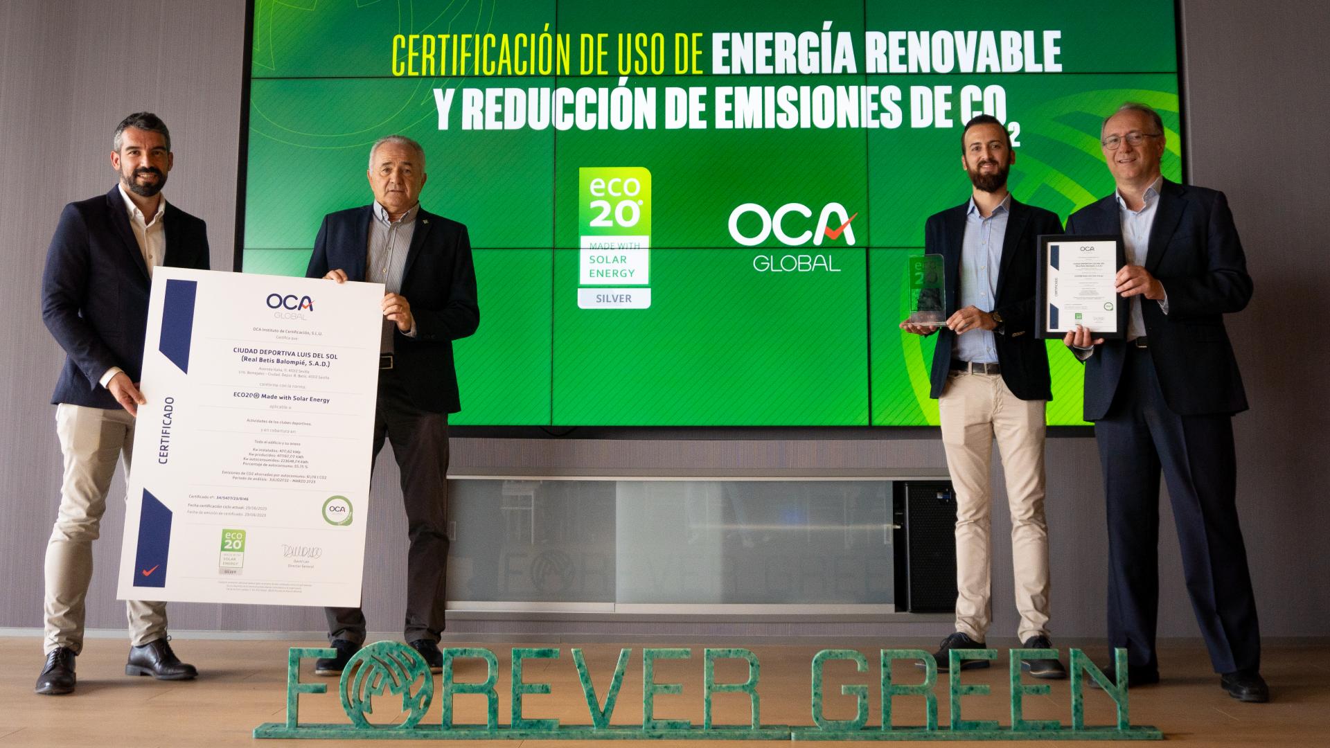El Real Betis Balompié certifica con el sello ECO20 que entre el 50 y 70% de la energía que consume es renovable