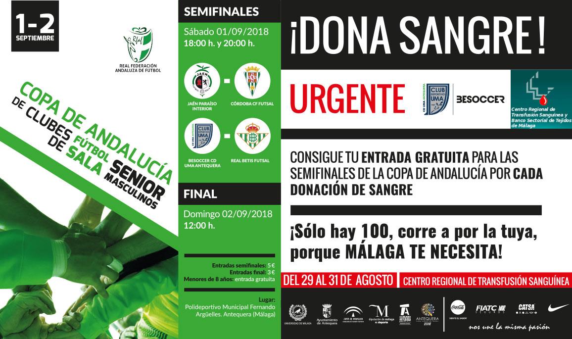 Entradas gratuitas para asistir a las semifinales de la “Copa de Andalucía de Clubes de Fútbol Sala Senior Masculinos” a cambio de la donación de sangre